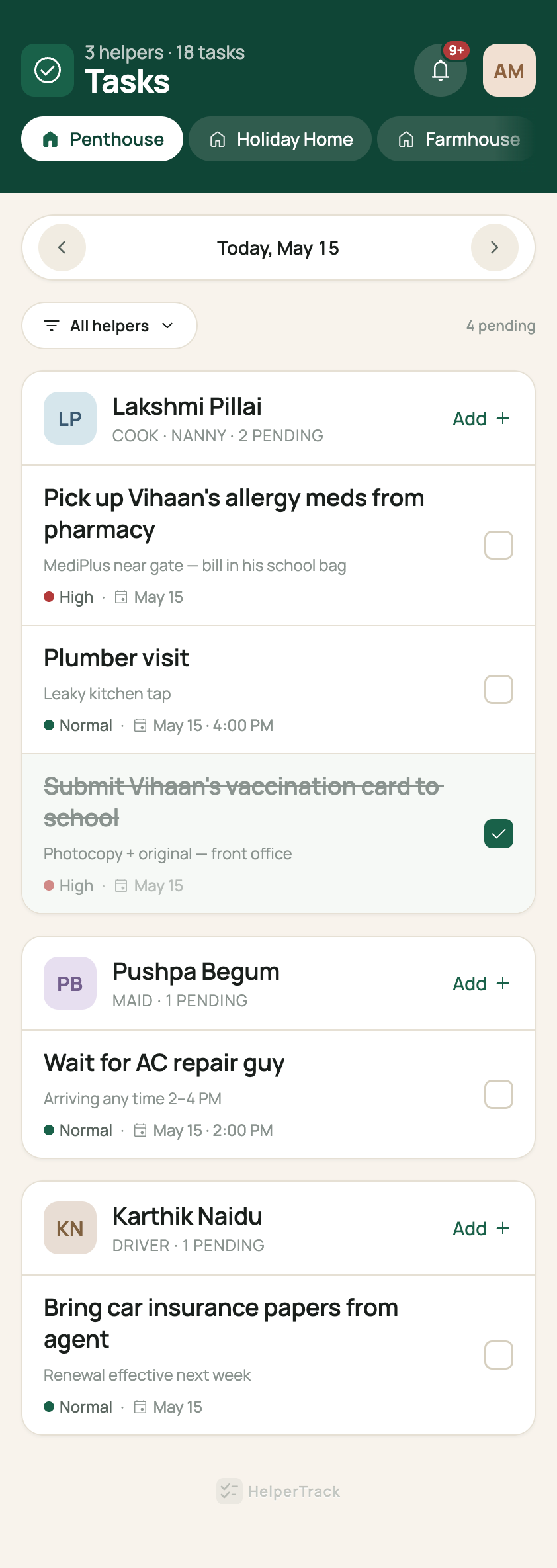 Tasks screen