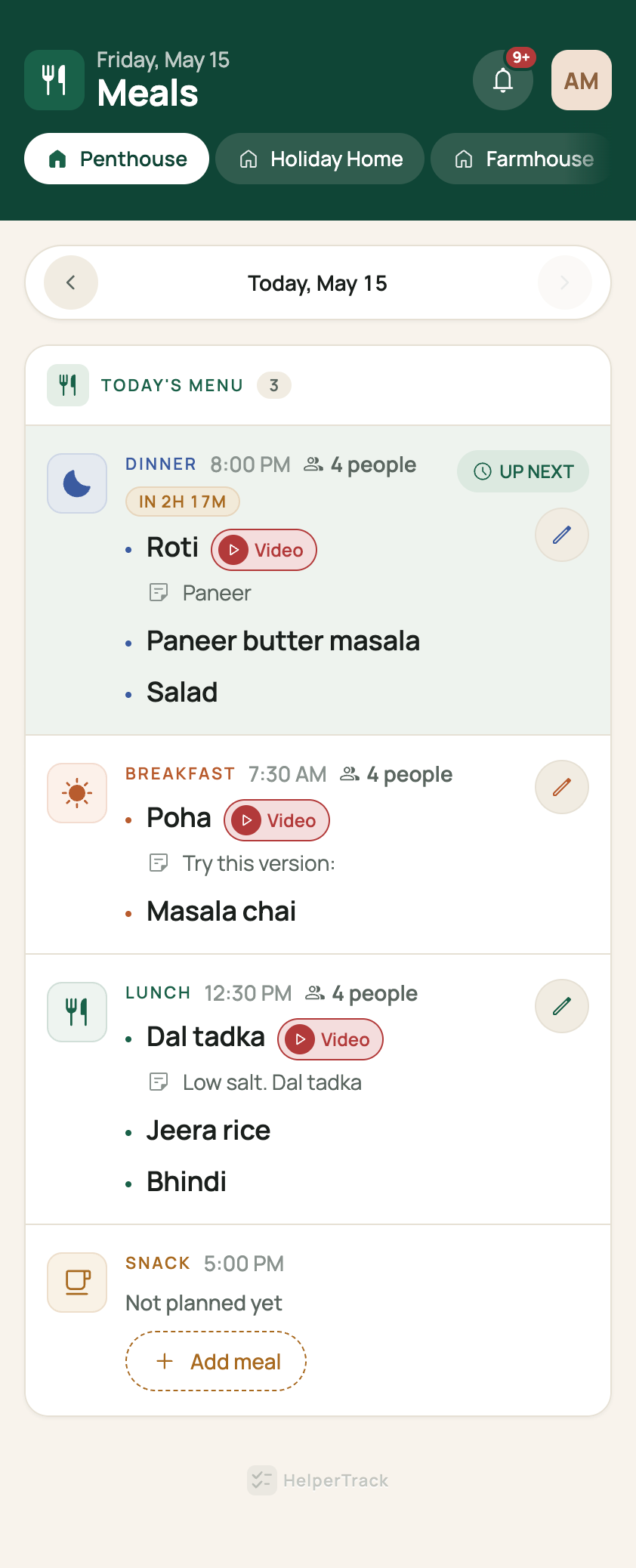 Helper-side app screen — today's meal plan visible to the cook